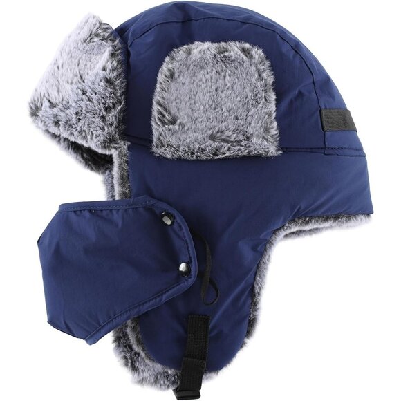 Men Navy Blue Faux Fur Trapper Hat with Face Mask Winter Trooper Hunting Hat - Picture 5 of 8